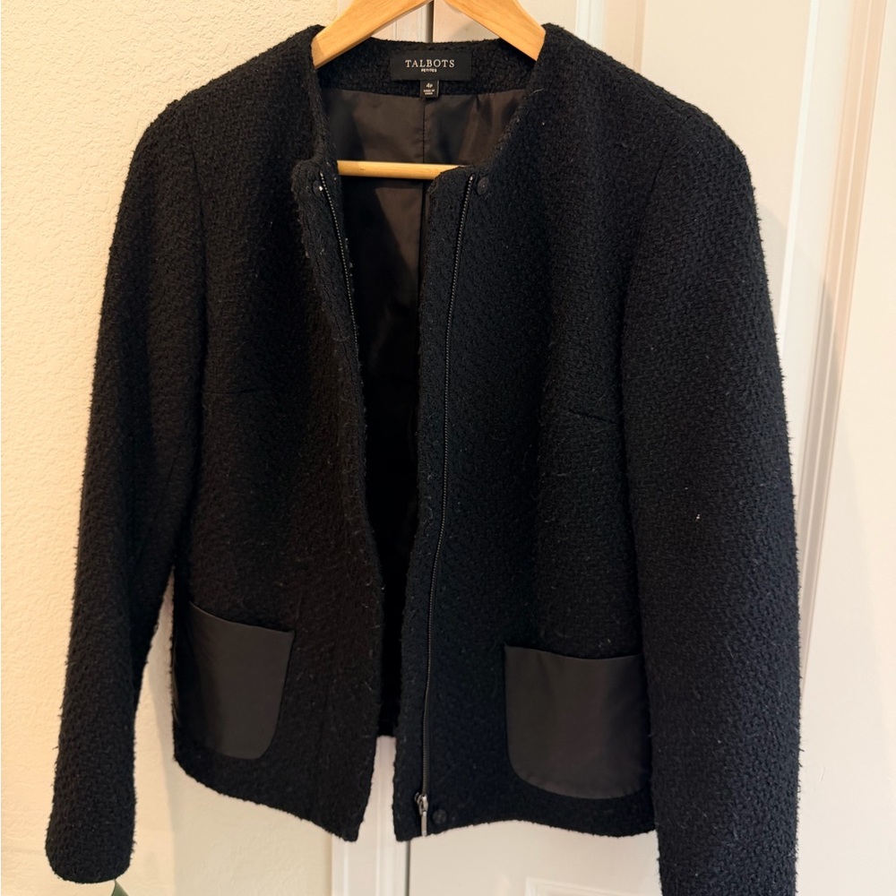 Talbots Black Bouclé Zip Jacket with Pocket Trim